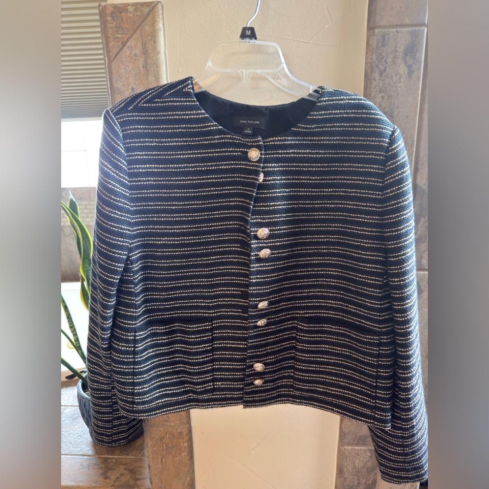 Ann Taylor cropped black striped and Jacket with gold Buttons size 16
